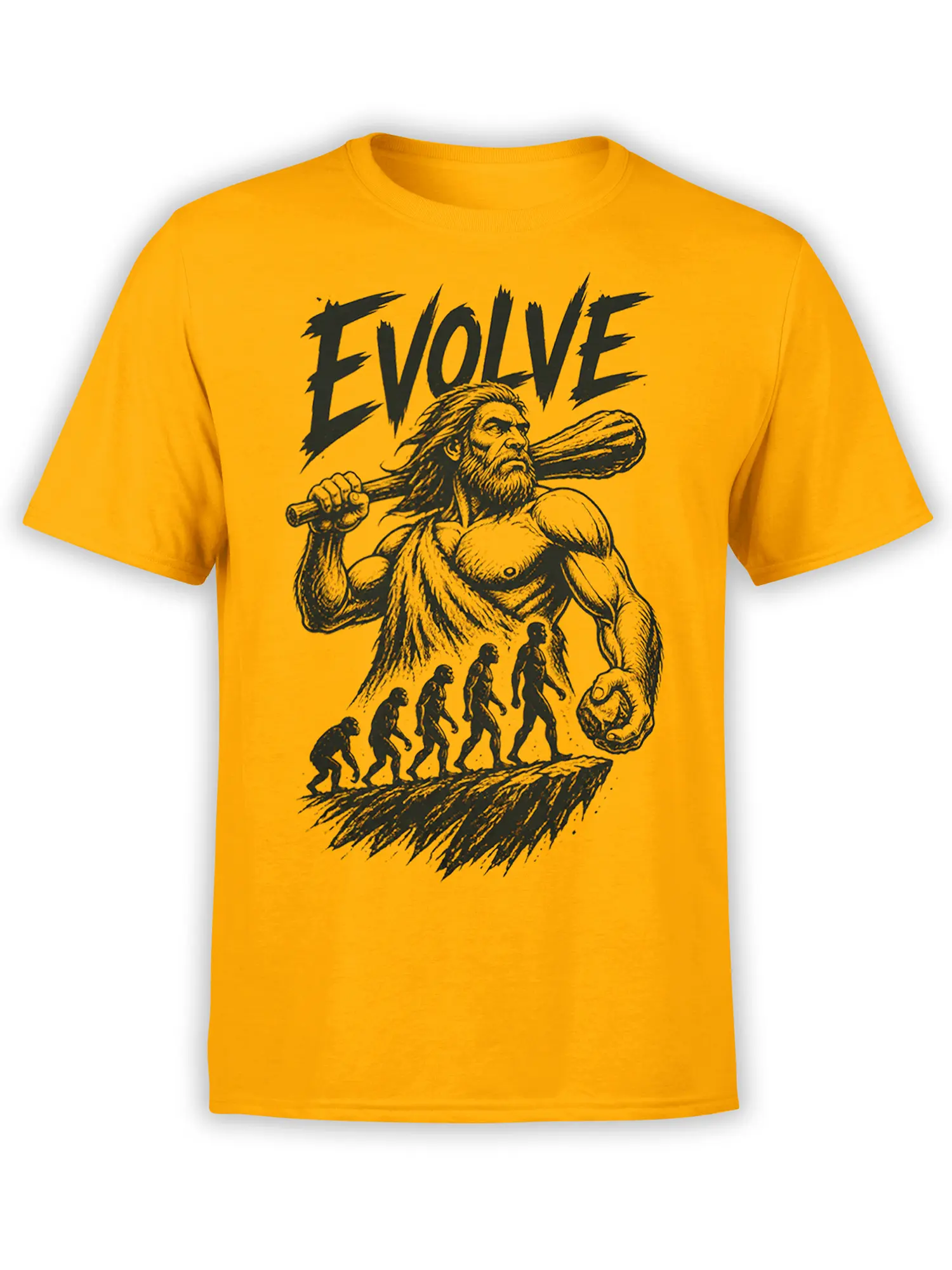 Yellow caveman evolution T-shirt with a muscular figure, oversized club, walking silhouettes, and EVOLVE text