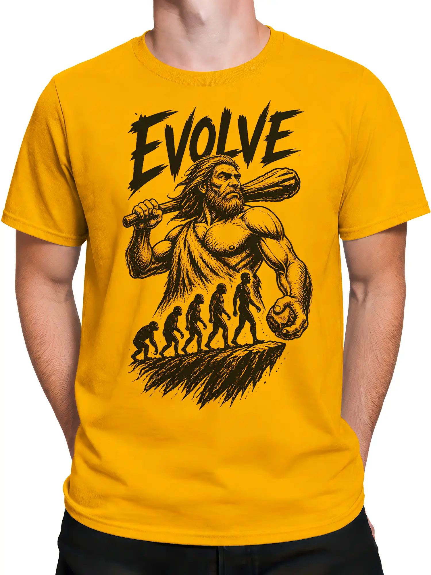Male torso wearing a yellow caveman evolution T-shirt with bold black graphic artwork