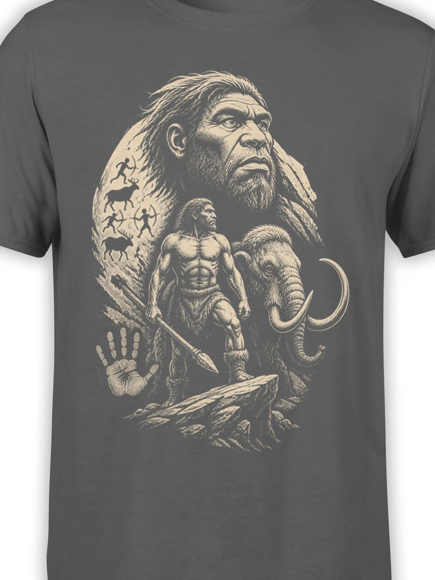 Close-up of prehistoric caveman and mammoth graphic with spear hunter and cave-art details on gray fabric
