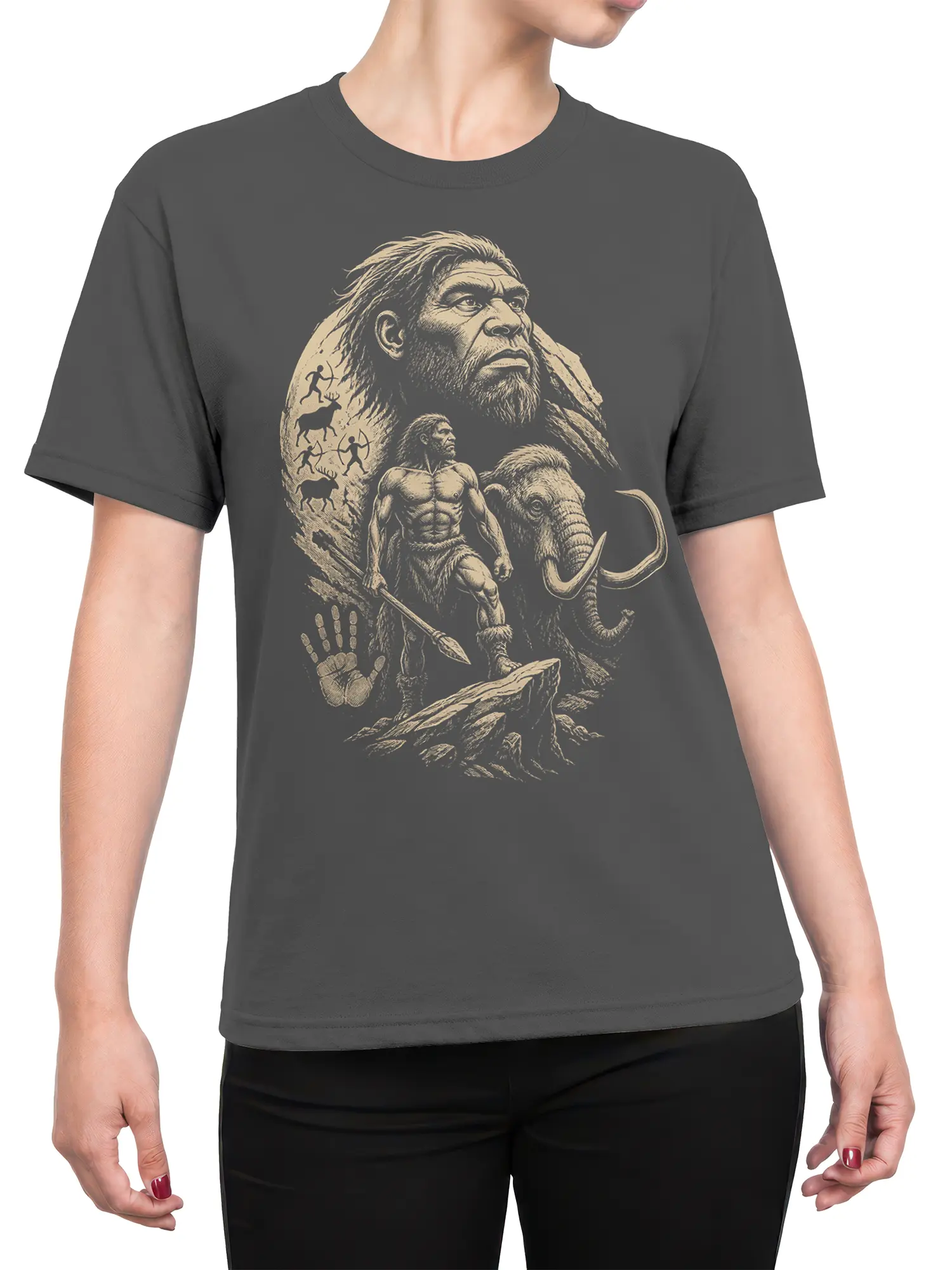 Female torso wearing a gray T-shirt with a detailed prehistoric caveman and mammoth graphic