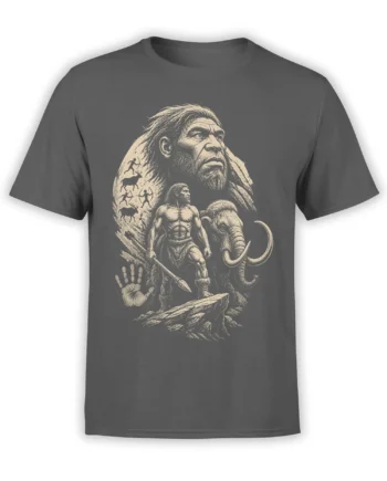 Gray T-shirt with a prehistoric caveman, mammoth, spear hunter, cave art, and handprint graphic