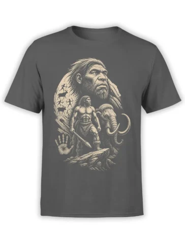 Gray T-shirt with a prehistoric caveman, mammoth, spear hunter, cave art, and handprint graphic