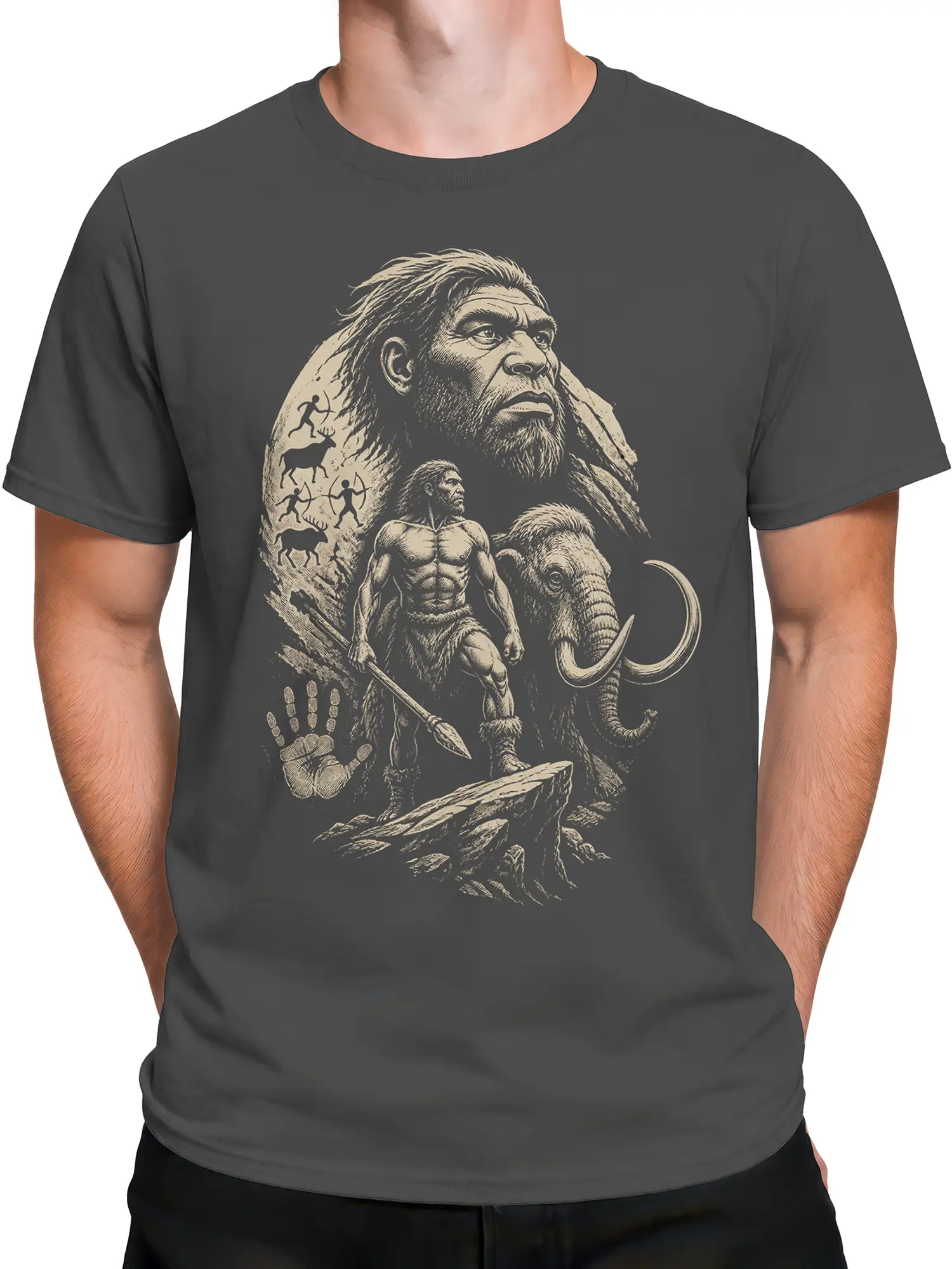 Male torso wearing a gray T-shirt with a rugged prehistoric caveman and mammoth design