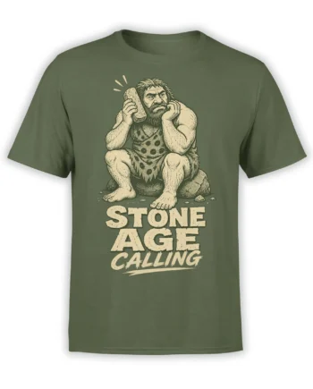 Green T-shirt featuring a bearded caveman holding a stone phone with “STONE AGE CALLING” lettering