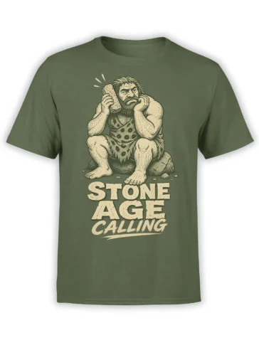 Green T-shirt featuring a bearded caveman holding a stone phone with “STONE AGE CALLING” lettering