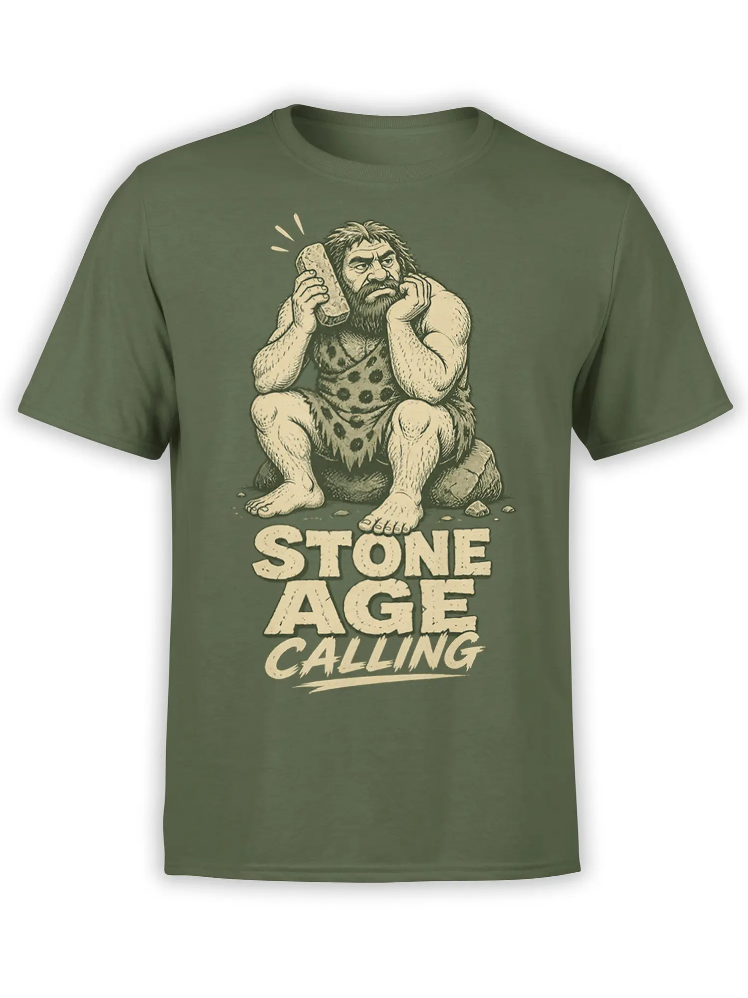 Green T-shirt featuring a bearded caveman holding a stone phone with “STONE AGE CALLING” lettering