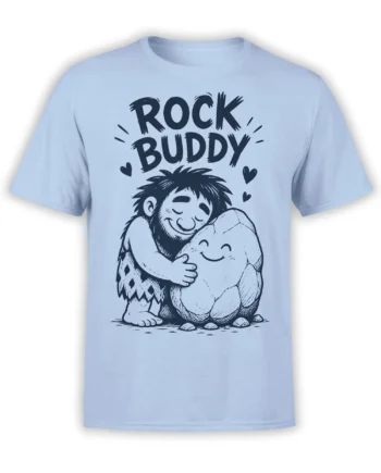 Light blue Rock Buddy T-shirt with a shaggy character hugging a smiling rock beneath bold lettering