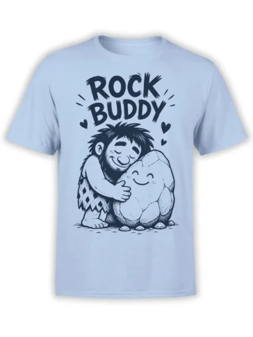 Light blue Rock Buddy T-shirt with a shaggy character hugging a smiling rock beneath bold lettering