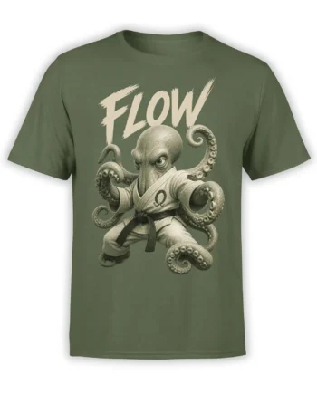 Olive green octopus martial arts T-shirt with “FLOW” lettering and a tentacled warrior design