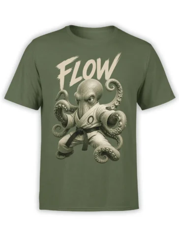 Olive green octopus martial arts T-shirt with “FLOW” lettering and a tentacled warrior design