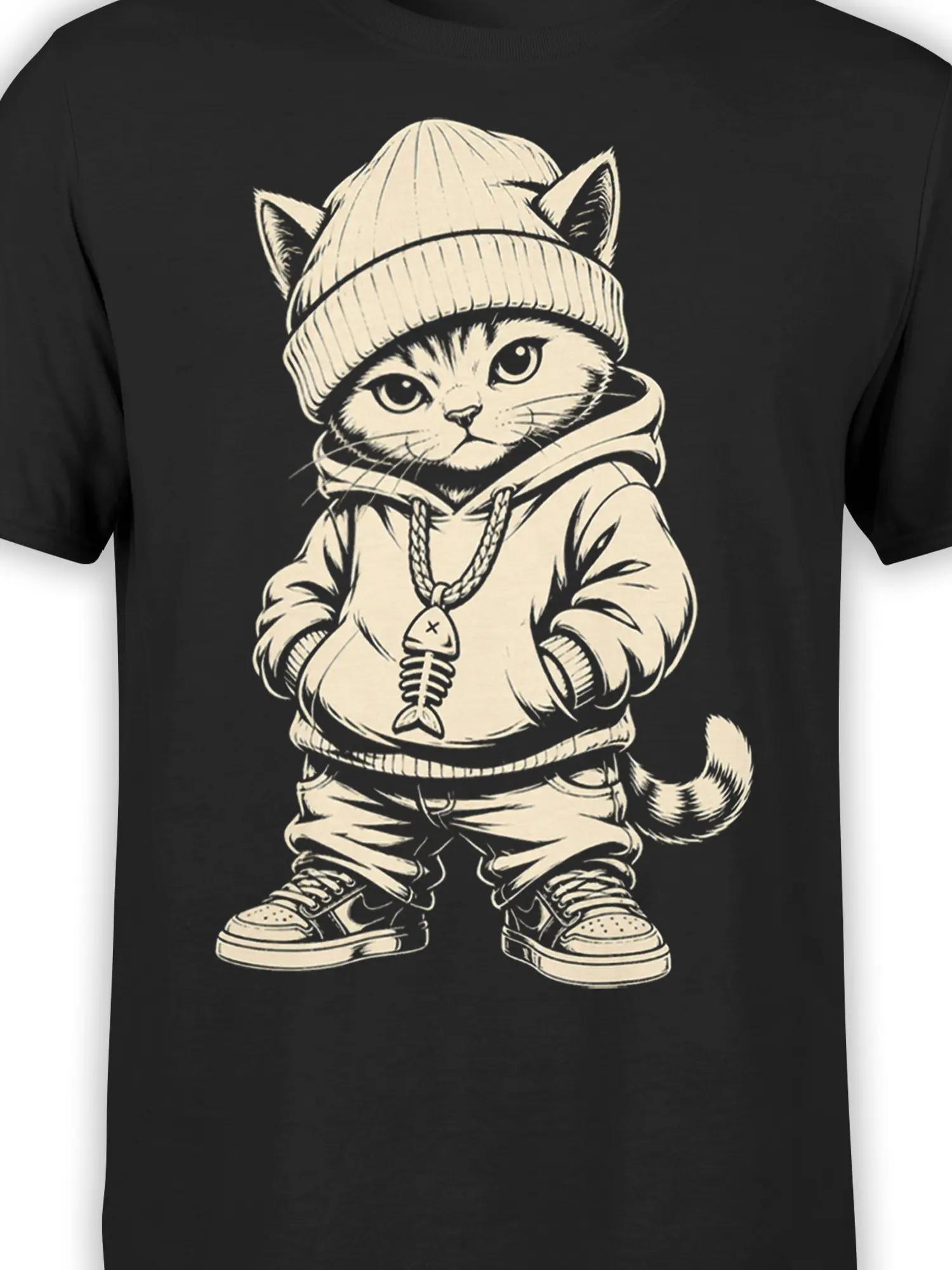 Close-up of the beanie-wearing cat graphic and fishbone pendant on a black T-shirt