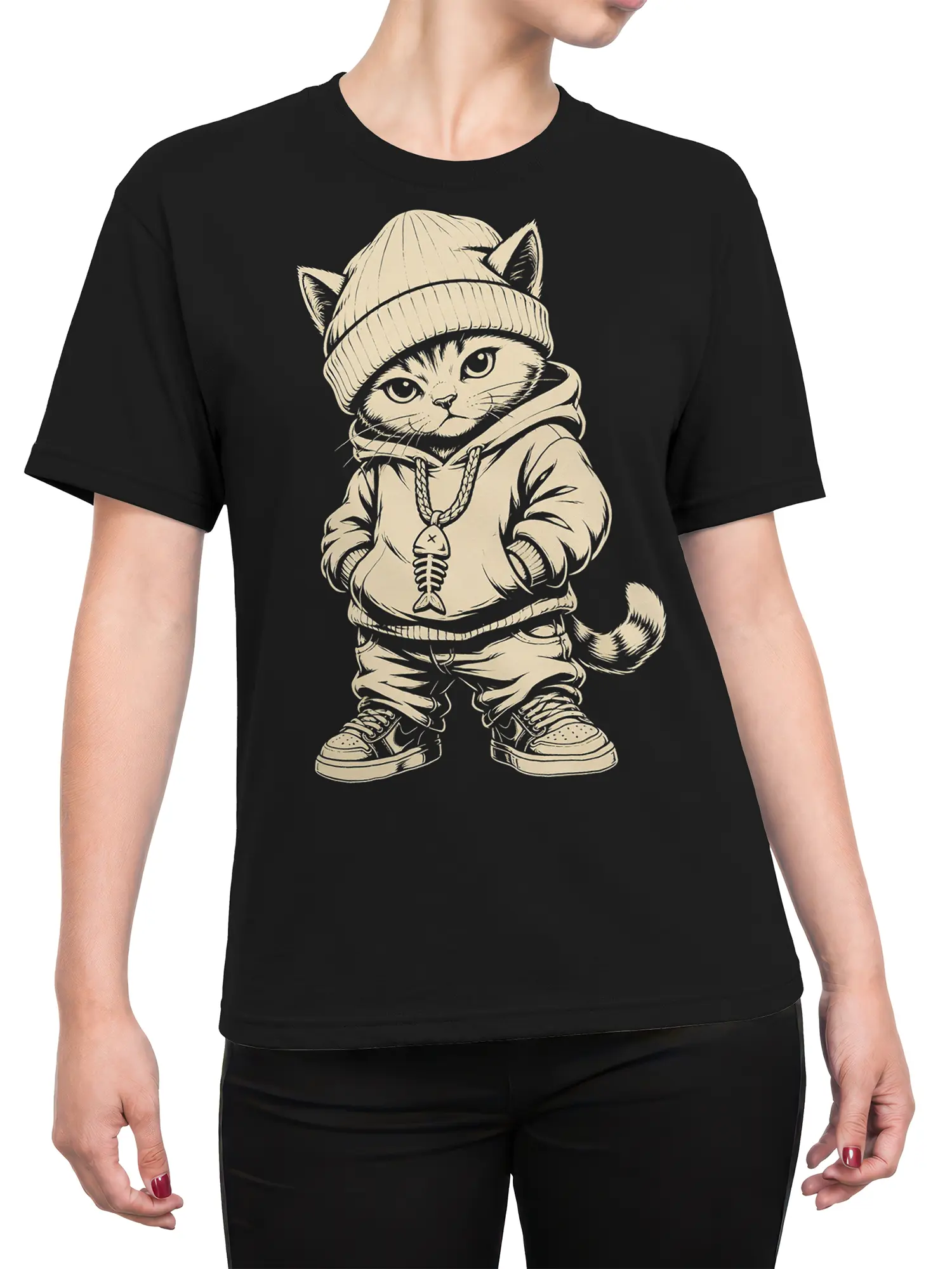 Female torso wearing a black cat T-shirt with a beanie, hoodie, and fishbone pendant design