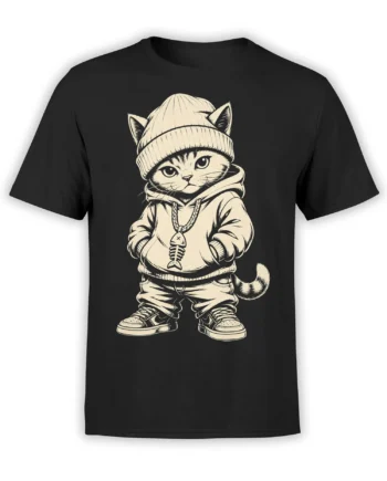 Black cat T-shirt featuring a serious beanie-wearing cat in a hoodie with a fishbone pendant