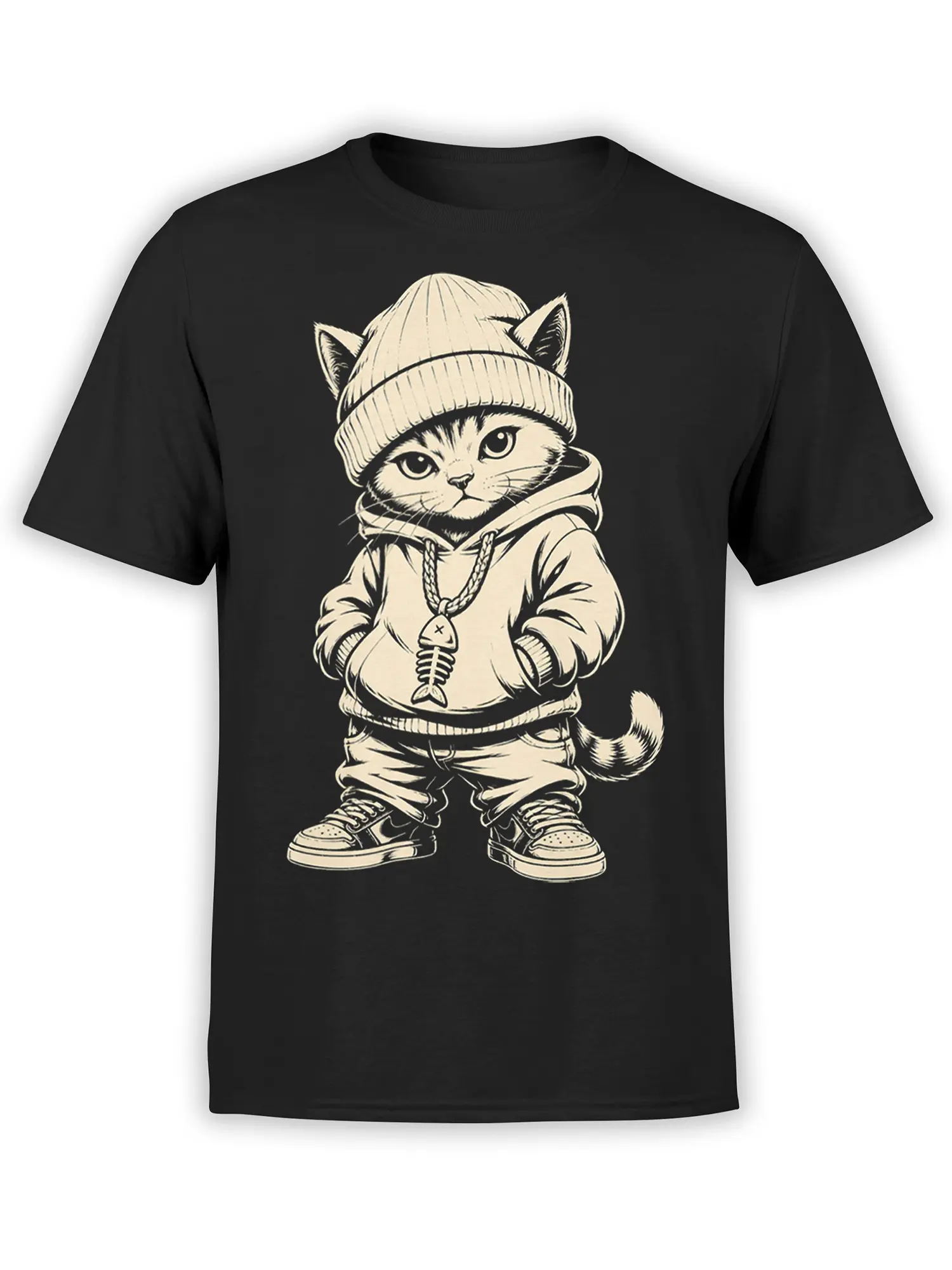 Black cat T-shirt featuring a serious beanie-wearing cat in a hoodie with a fishbone pendant