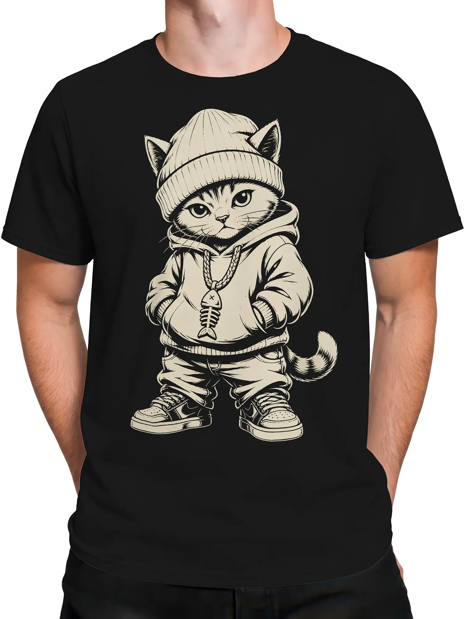 Male torso wearing a black cat T-shirt with a serious beanie-wearing feline design