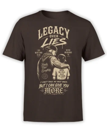 Dark brown family legacy T-shirt with cream lettering, adult and child artwork, and a break the cycle message