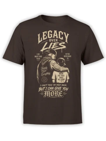 Dark brown family legacy T-shirt with cream lettering, adult and child artwork, and a break the cycle message