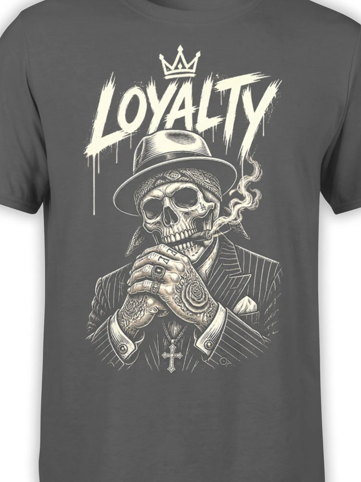 Close-up of crowned skeleton skull graphic with cigar, tattoos, crown, and LOYALTY text on gray fabric