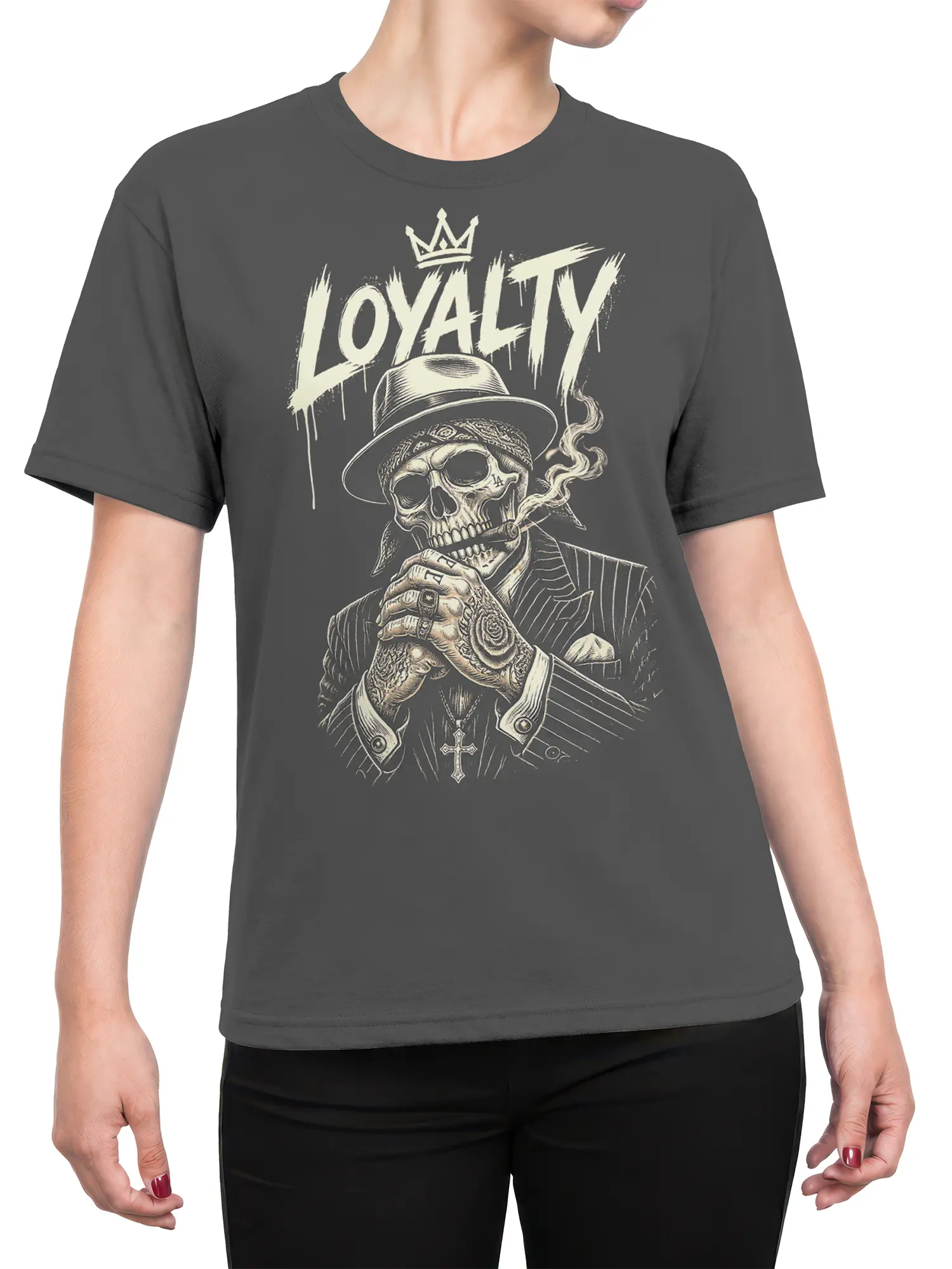 Female torso wearing gray crowned loyalty skull T-shirt with skeleton, cigar, tattoos, and pinstripe suit artwork