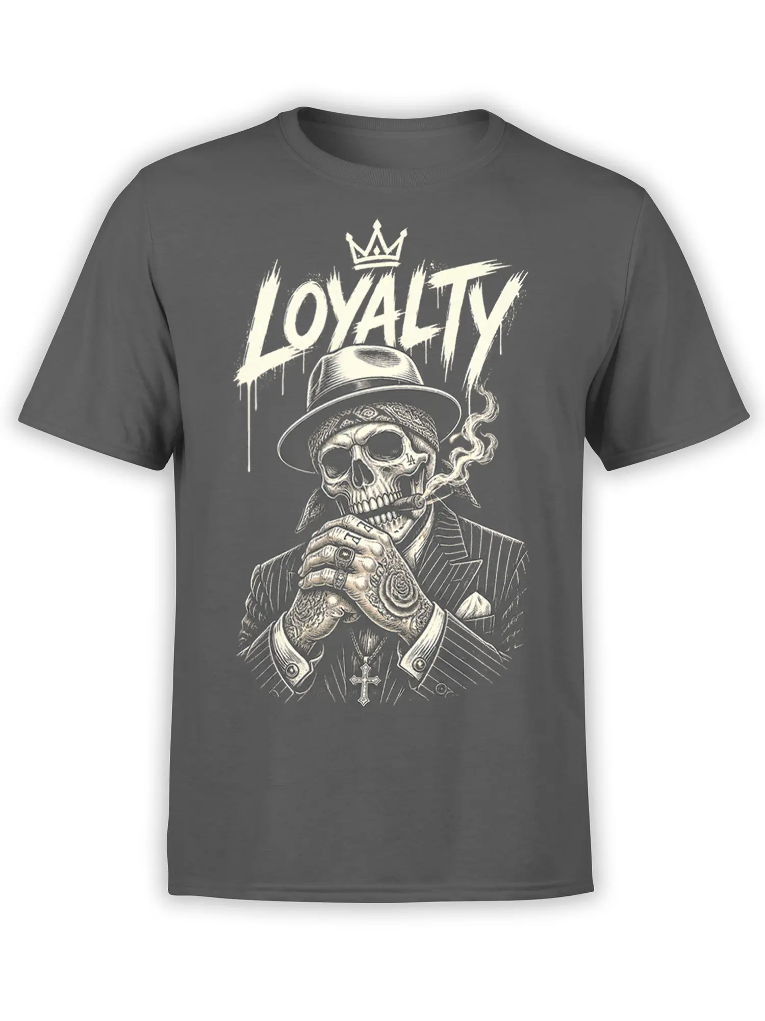 Gray T-shirt with crowned skeleton in hat, cigar, tattoos, pinstripe suit, and bold LOYALTY lettering