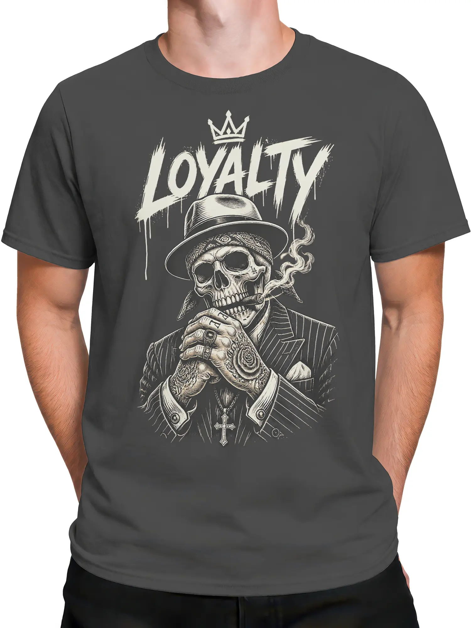 Male torso wearing gray crowned loyalty skull T-shirt with vintage skeleton and cigar artwork