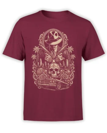 Burgundy gangster T-shirt with a fedora-wearing figure, crossed guns, skull, cash, roses, palms, and classic car