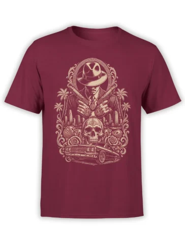 Burgundy gangster T-shirt with a fedora-wearing figure, crossed guns, skull, cash, roses, palms, and classic car