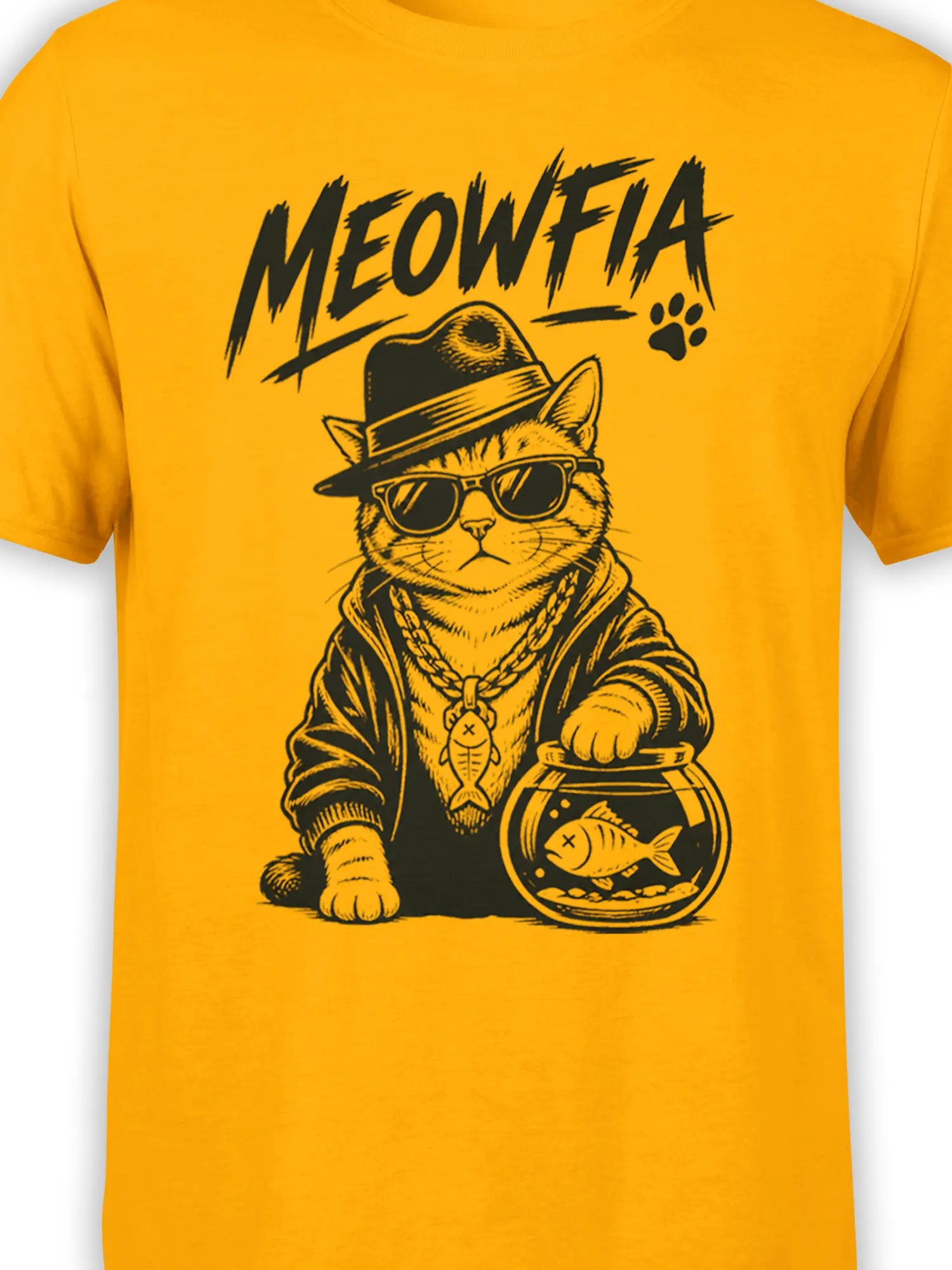 Close-up of the Meowfia cat graphic showing the fedora, sunglasses, gold chain, fishbowl, and bold lettering