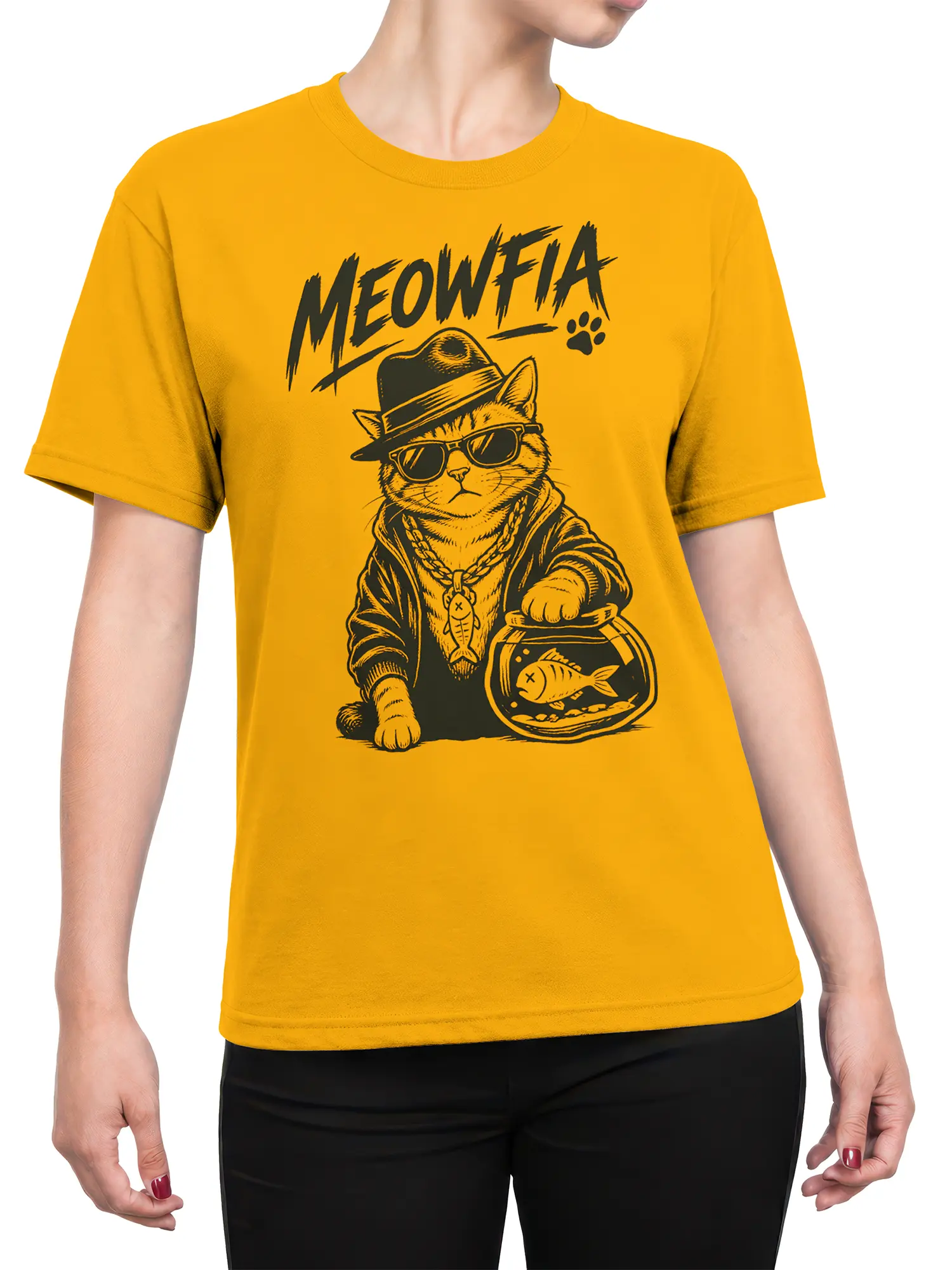 Female torso wearing an orange Meowfia cat T-shirt with a fedora, sunglasses, gold chain, and fishbowl graphic
