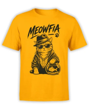 Orange Meowfia cat T-shirt with a gangster cat wearing a fedora, sunglasses, gold chain, and hoodie