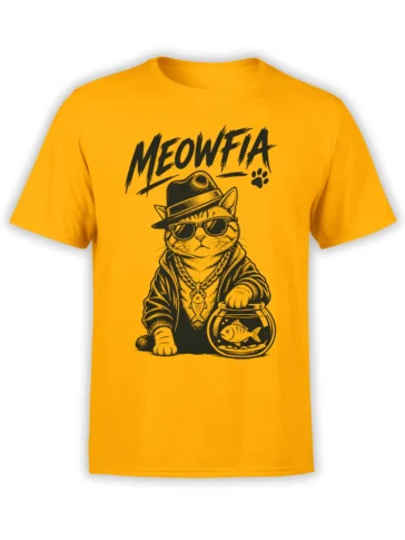 Orange Meowfia cat T-shirt with a gangster cat wearing a fedora, sunglasses, gold chain, and hoodie