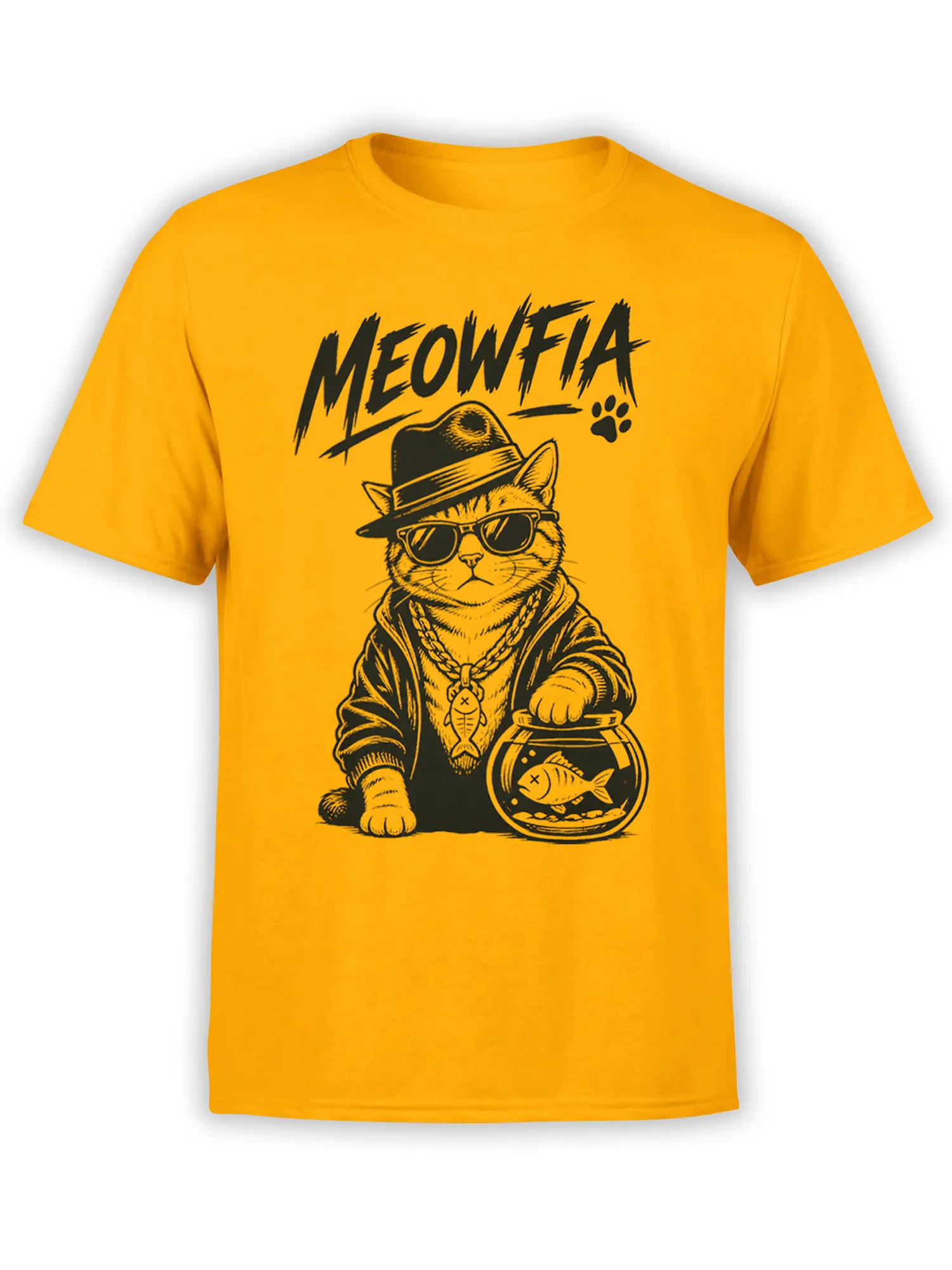 Orange Meowfia cat T-shirt with a gangster cat wearing a fedora, sunglasses, gold chain, and hoodie