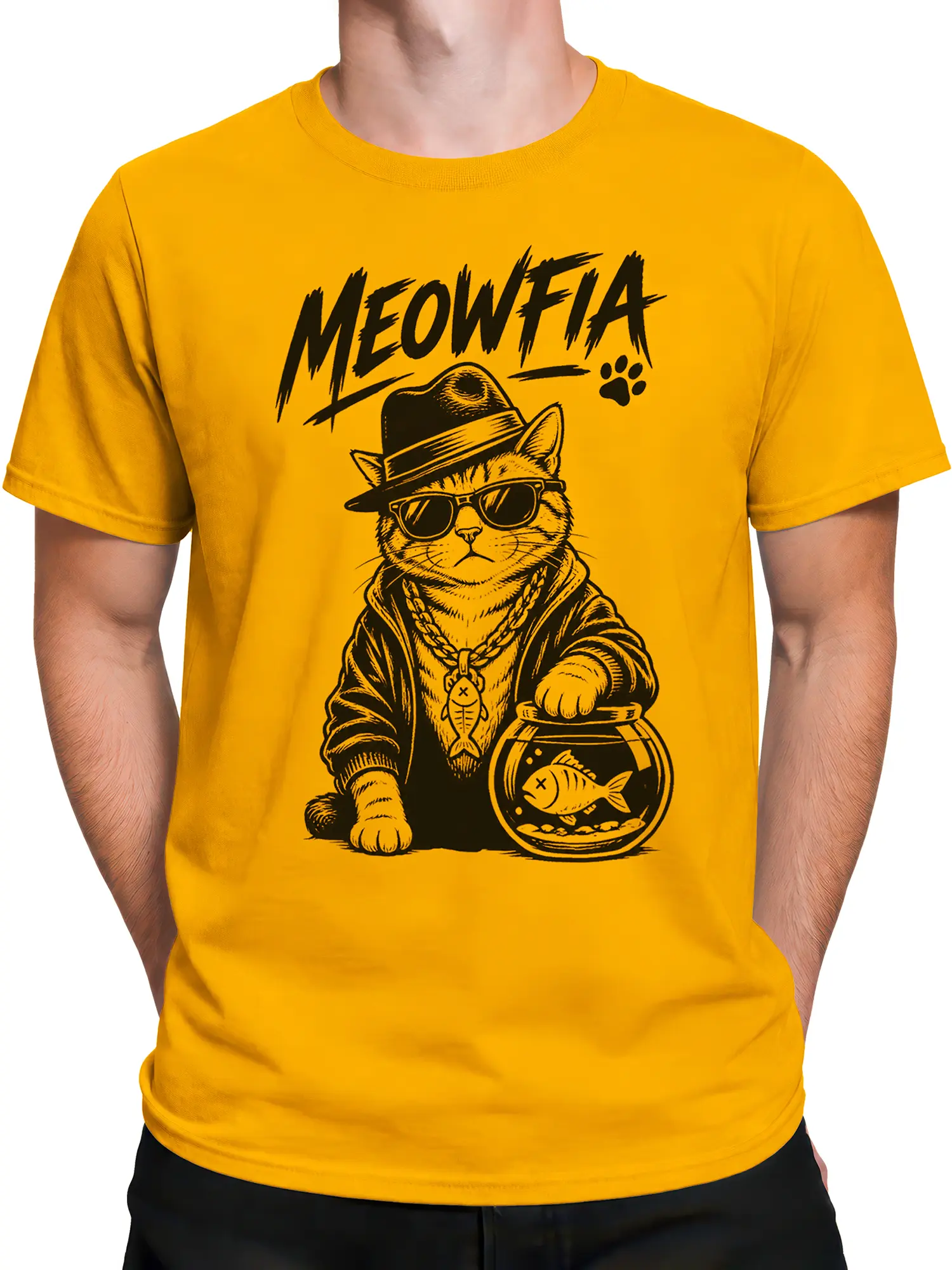 Male torso wearing an orange Meowfia cat T-shirt with a gangster cat and fishbowl graphic