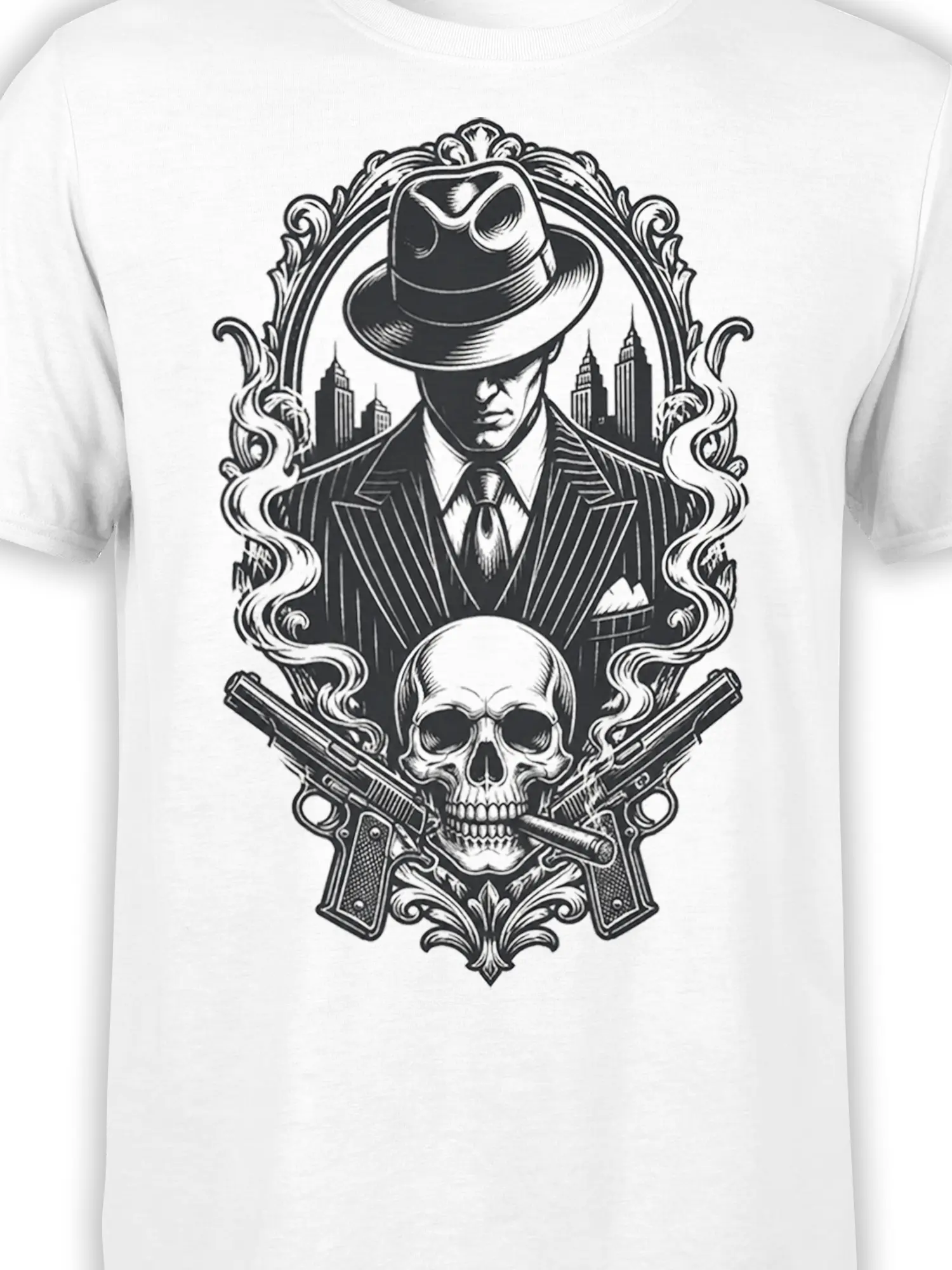 Close-up of white T-shirt print showing a fedora, pinstripe suit, skull, cigar, and crossed pistols