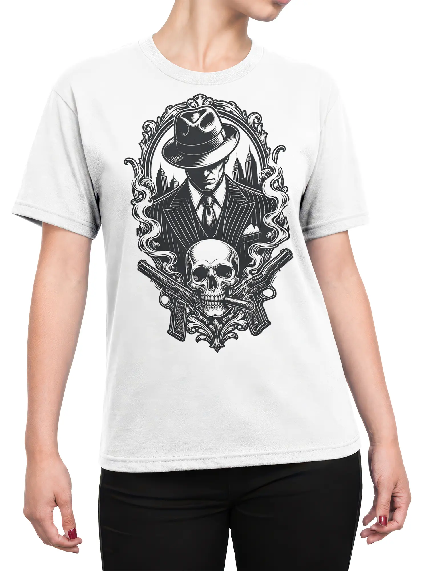 Female torso wearing a white T-shirt with vintage gangster skull and crossed pistols artwork