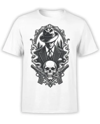 White T-shirt with vintage black-and-white gangster, skull, crossed pistols, and city skyline design