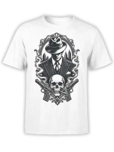 White T-shirt with vintage black-and-white gangster, skull, crossed pistols, and city skyline design