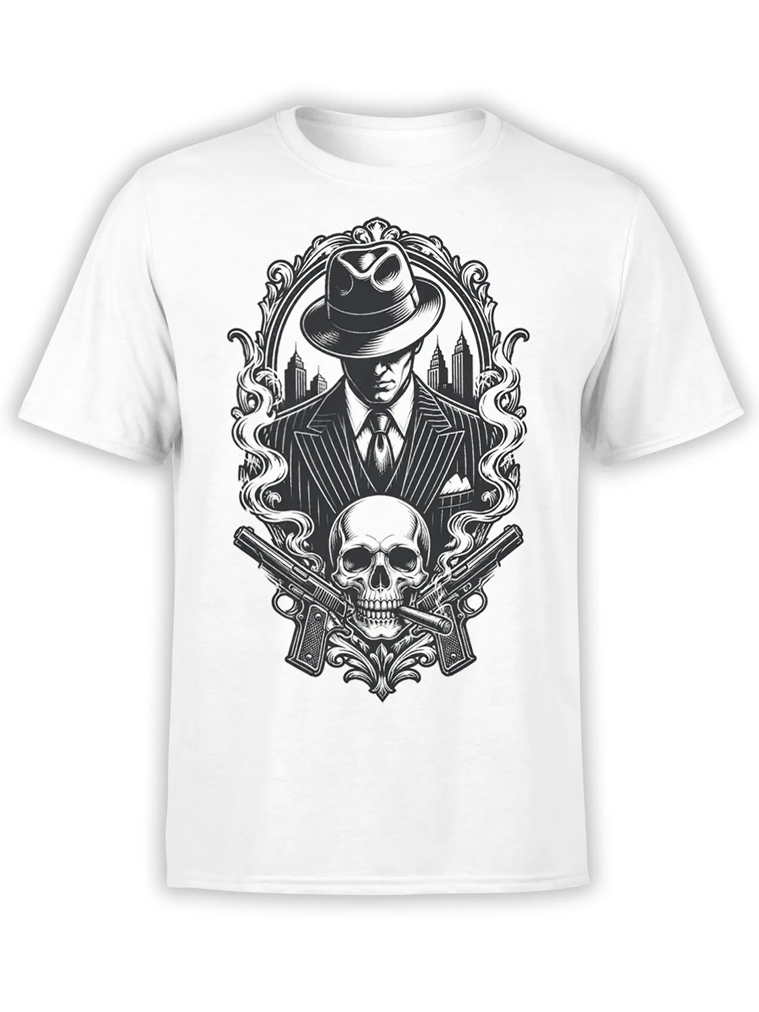 White T-shirt with vintage black-and-white gangster, skull, crossed pistols, and city skyline design