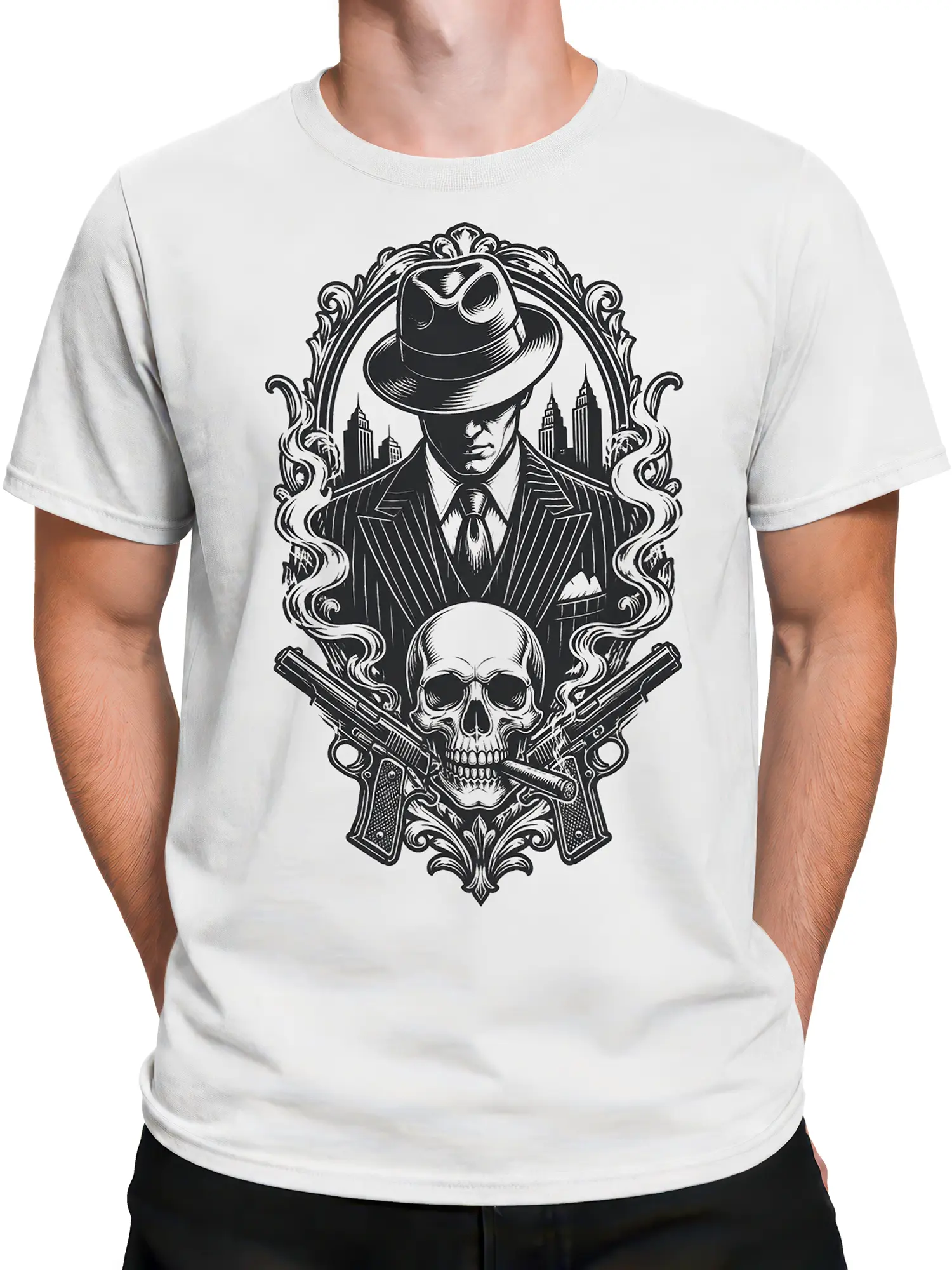 Male torso wearing a white T-shirt with black-and-white gangster skull artwork