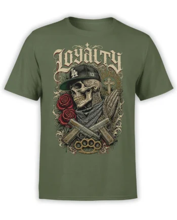 Green T-shirt with a detailed gothic skull, praying hands, cross, red roses, crossed pistols, and Loyalty lettering