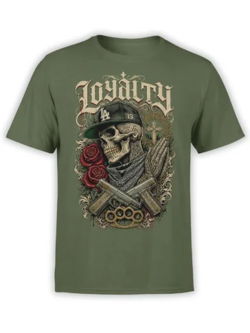 Green T-shirt with a detailed gothic skull, praying hands, cross, red roses, crossed pistols, and Loyalty lettering