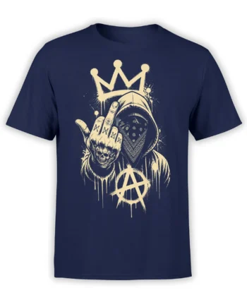 Hooded crowned skeleton T-shirt in navy with a raised middle finger and distressed cream anarchy symbol