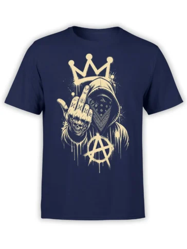 Hooded crowned skeleton T-shirt in navy with a raised middle finger and distressed cream anarchy symbol