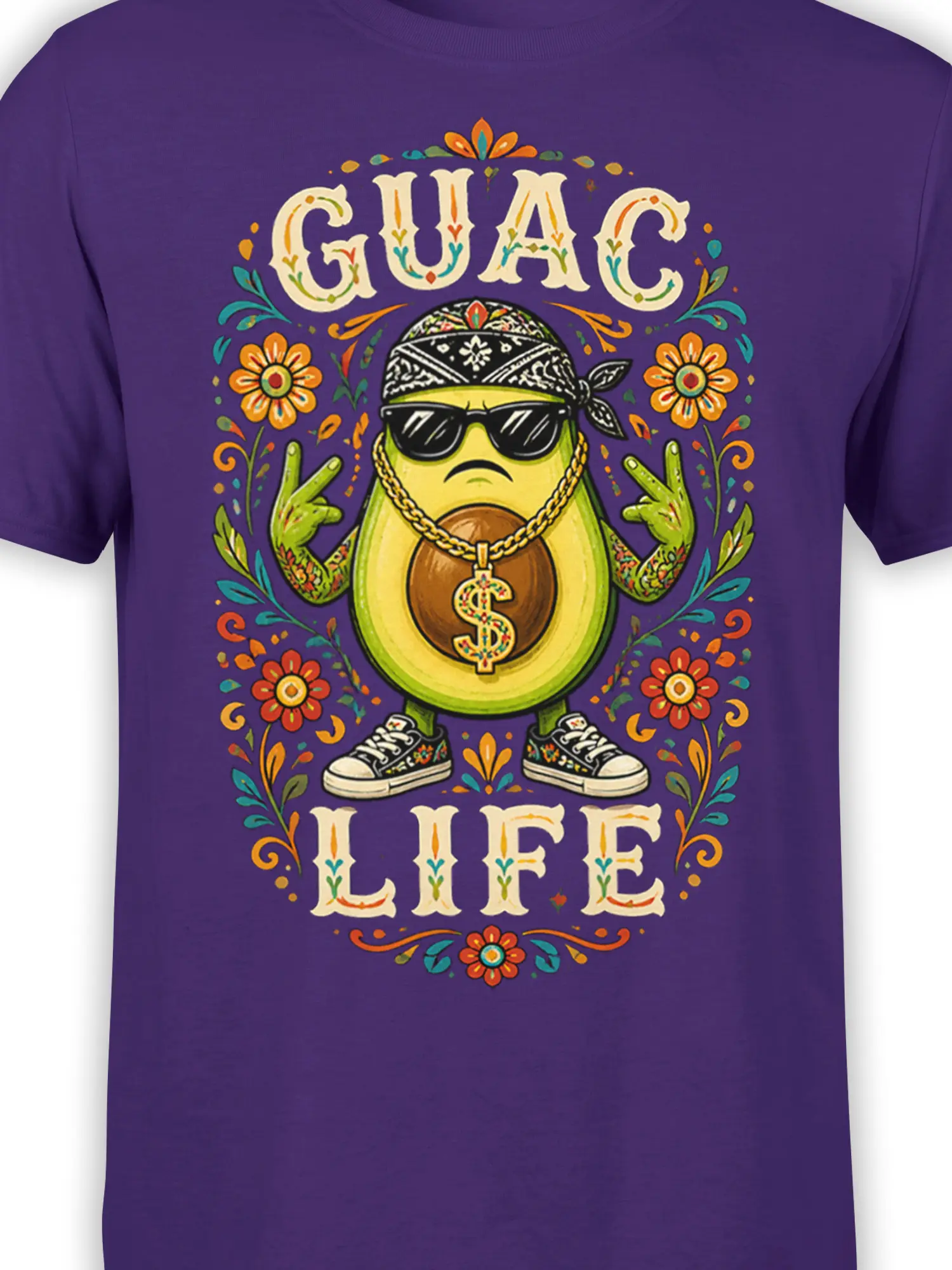 Close-up of avocado character with sunglasses, bandana, dollar pendant, flowers, and GUAC lettering