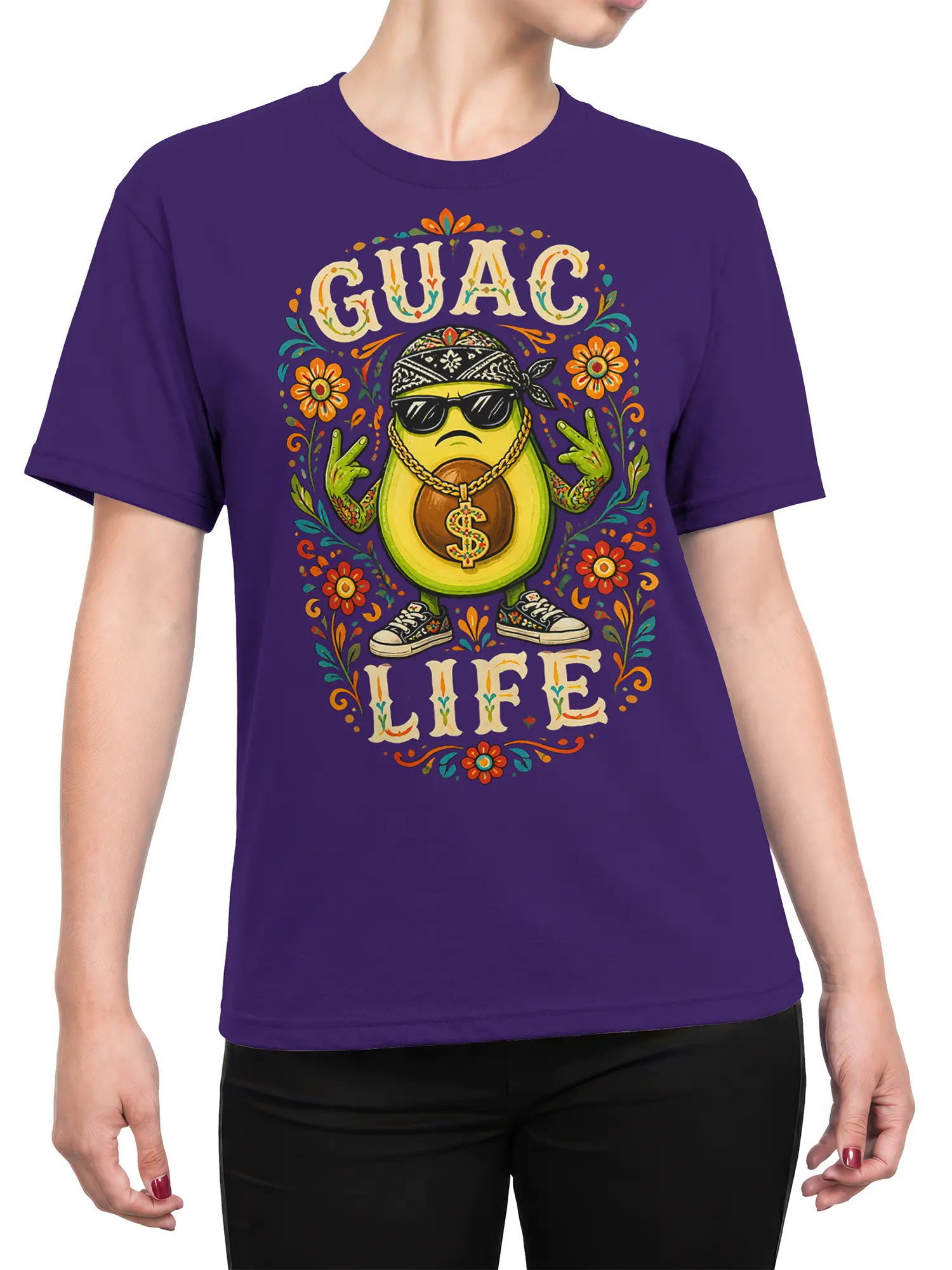 Female torso wearing a purple avocado T-shirt with colorful flowers and GUAC LIFE artwork