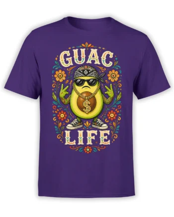 Purple avocado T-shirt with sunglasses, bandana, gold chain, flowers, and bold GUAC LIFE lettering