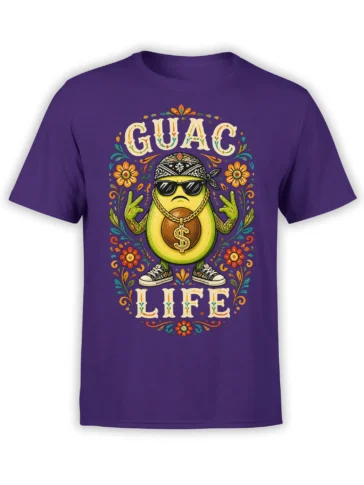 Purple avocado T-shirt with sunglasses, bandana, gold chain, flowers, and bold GUAC LIFE lettering