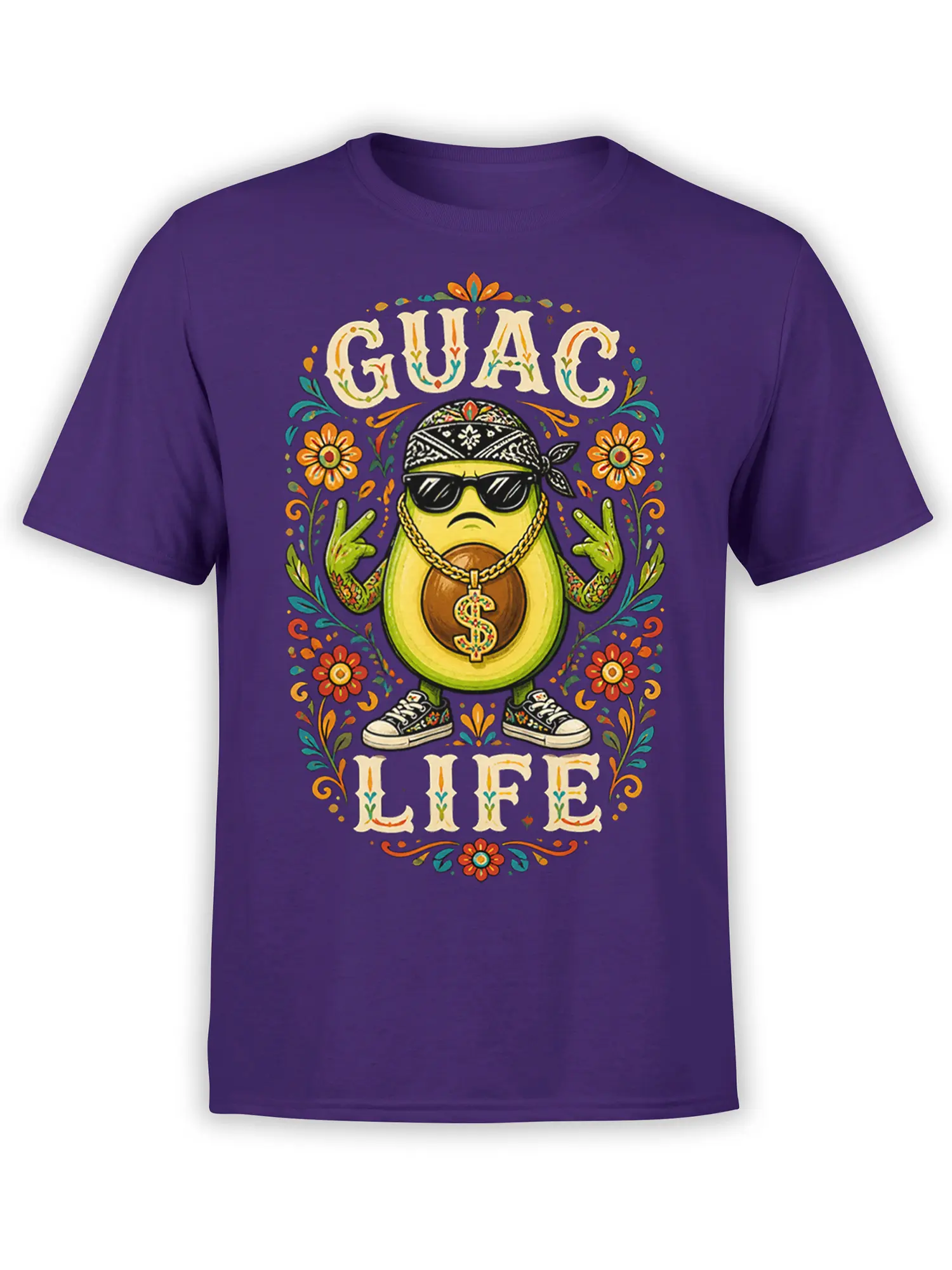Purple avocado T-shirt with sunglasses, bandana, gold chain, flowers, and bold GUAC LIFE lettering
