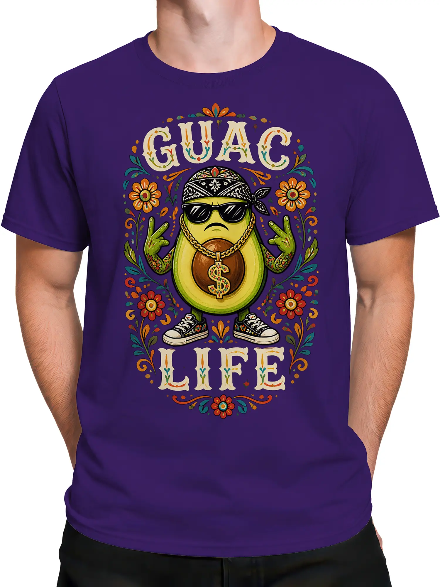 Male torso wearing a purple avocado T-shirt with sunglasses, flowers, and GUAC LIFE design