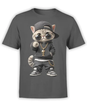 Gray cat T-shirt with a striped kitten wearing sunglasses, a backward cap, hoodie, and gold fishbone chain